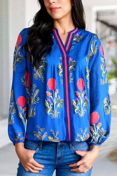 Floral Print Colorblock Long Sleeve Blouse